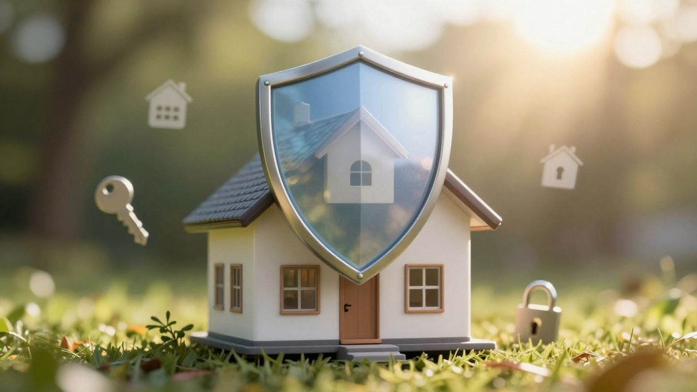 Casa con escudo protector y llaves de seguro.