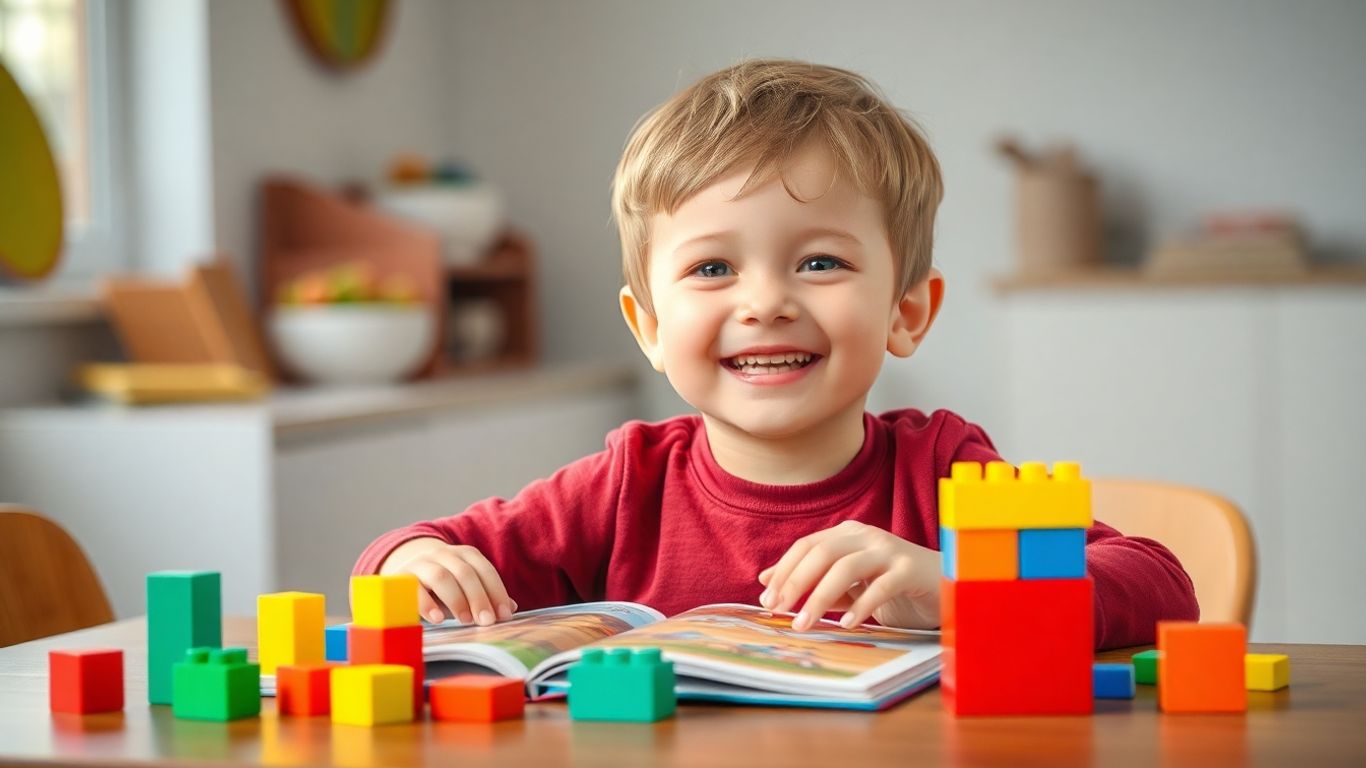 Child learning with blocks and book, ready for kindergarten.