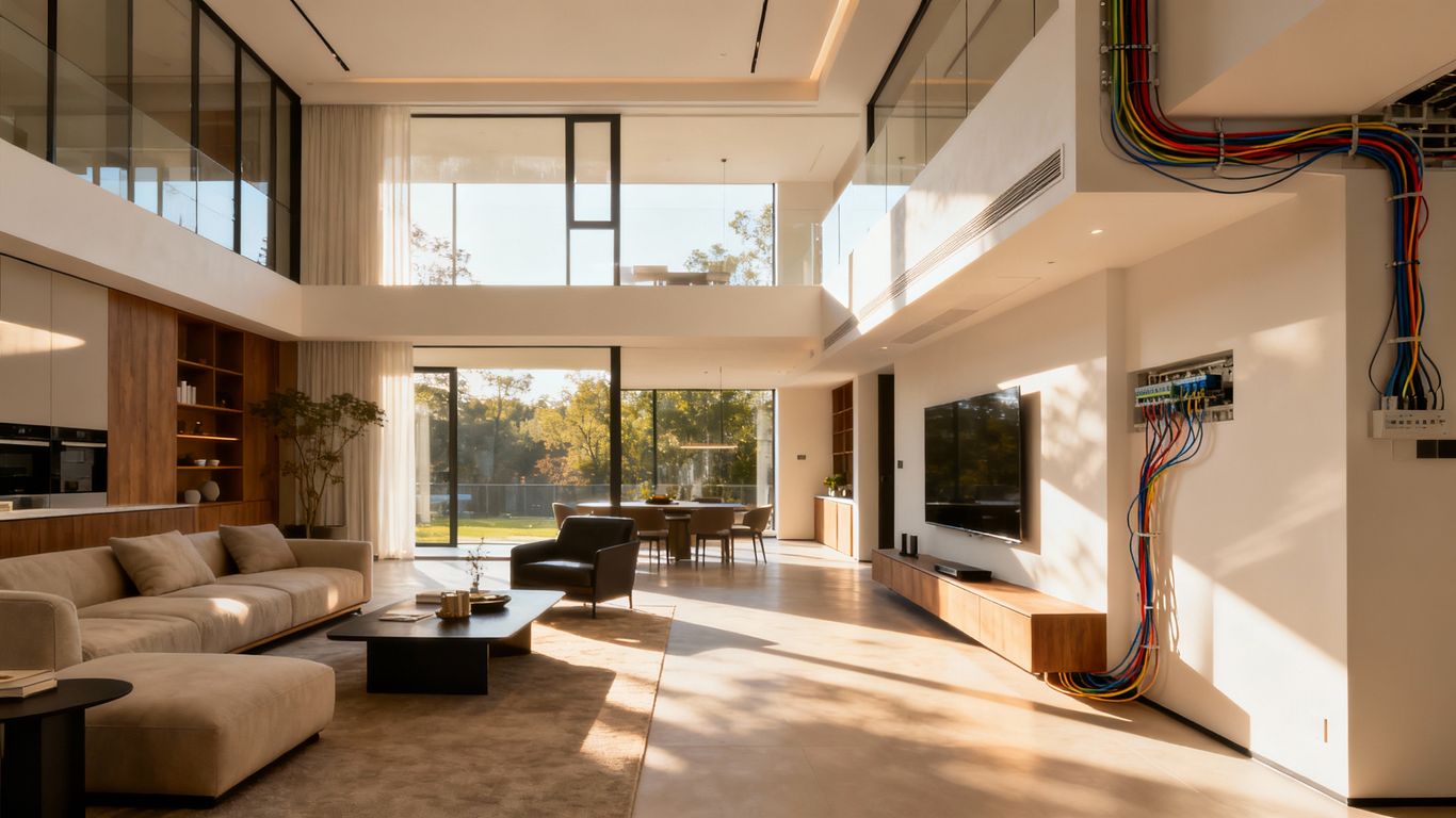 Modern living room floor plan with organized network cables.