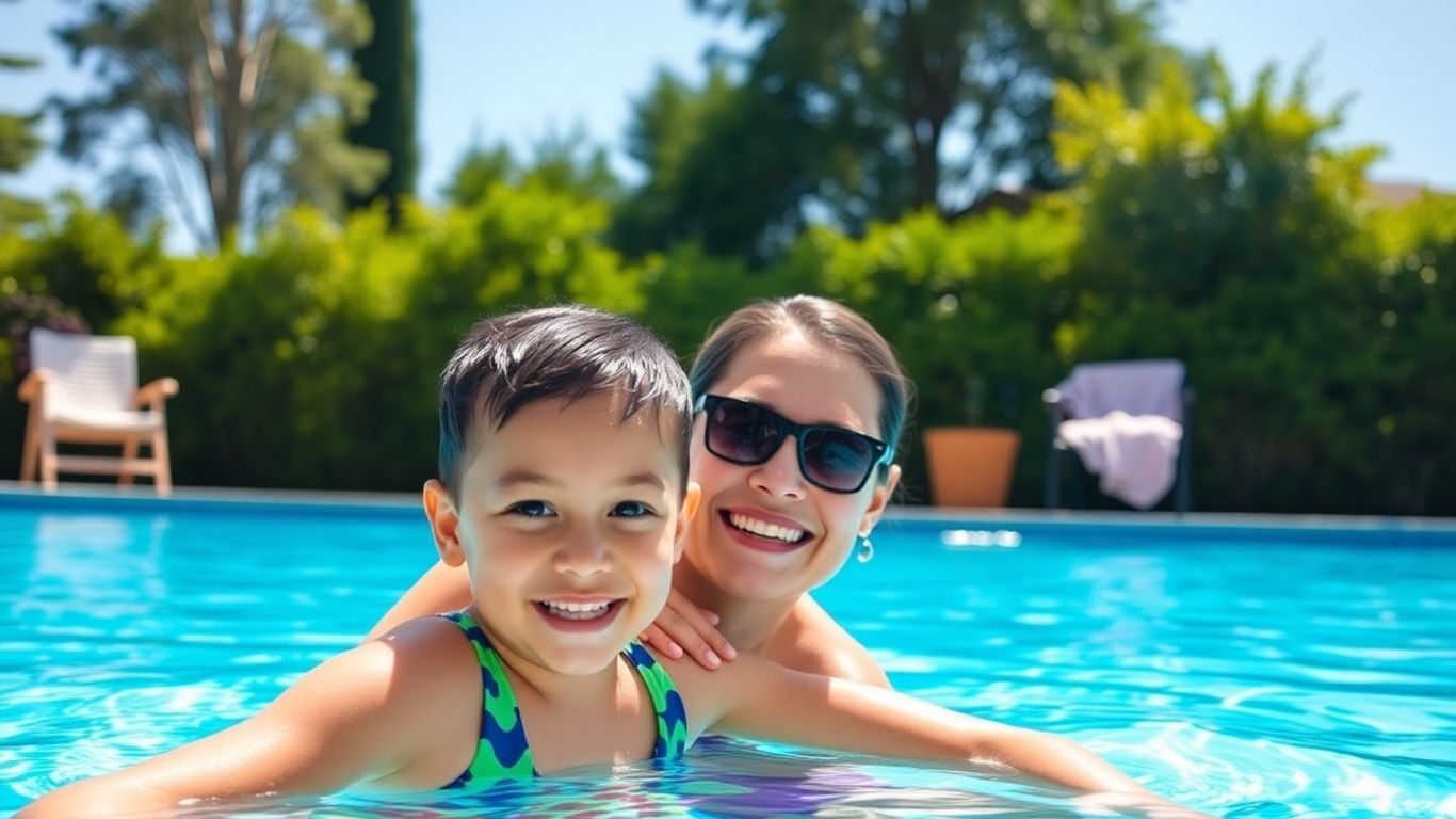 Swim instructor and child learning in backyard pool