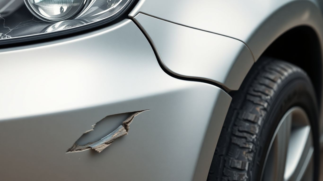 Beschädigtes Auto mit Fokus auf Stoßstange und Reifen.