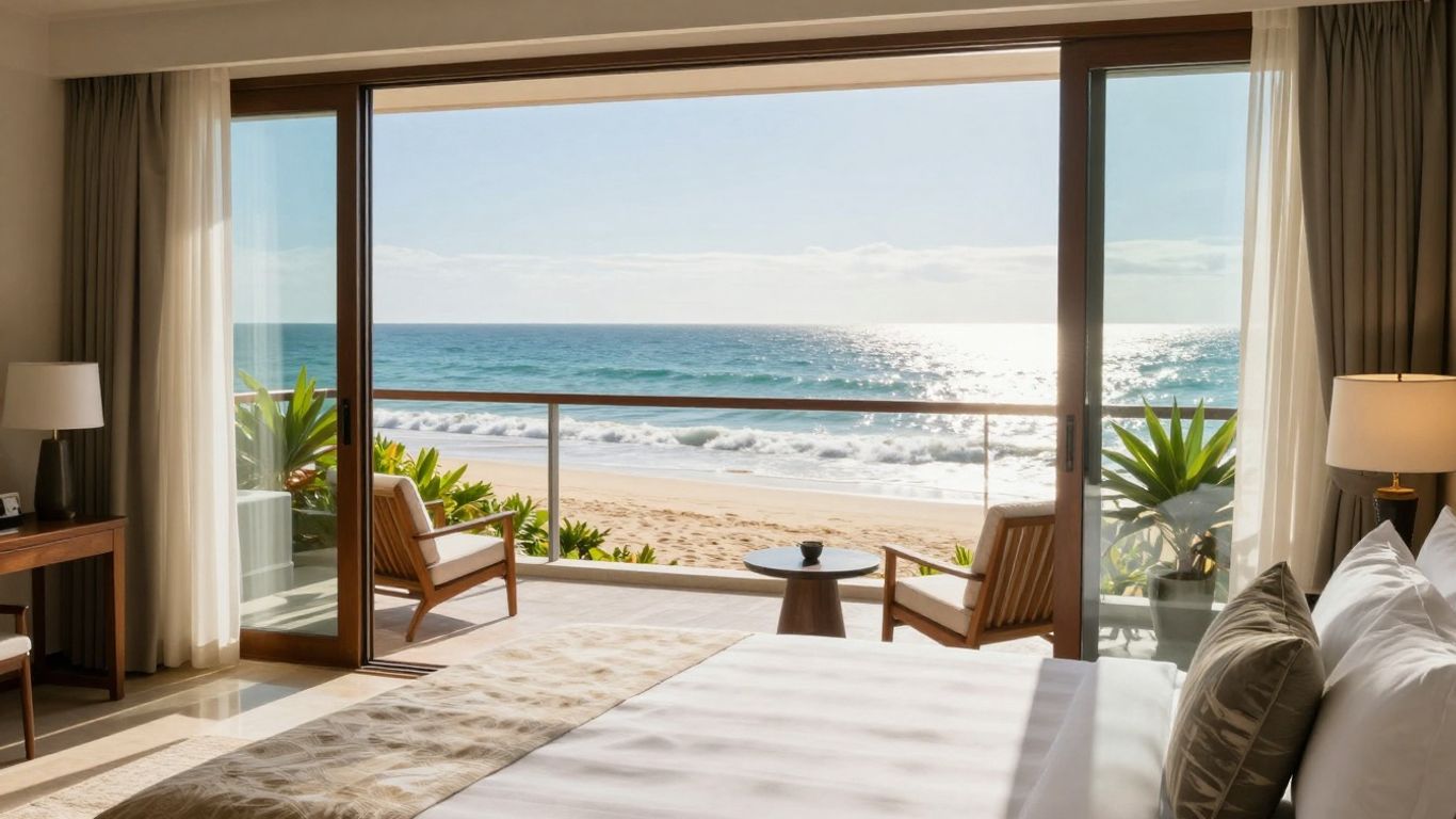 Luxe hotelkamer met uitzicht op een prachtig strand