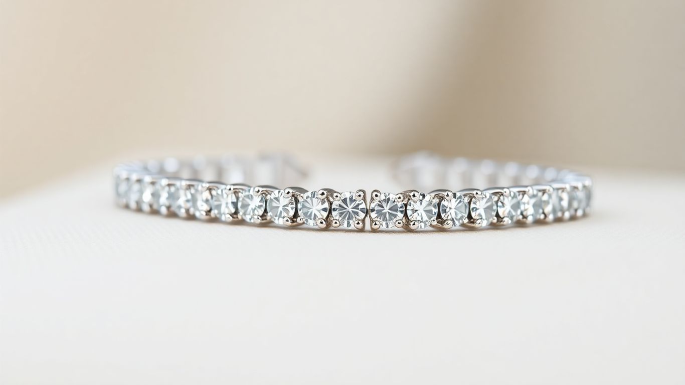 Sparkling diamond tennis bracelet on a neutral surface.
