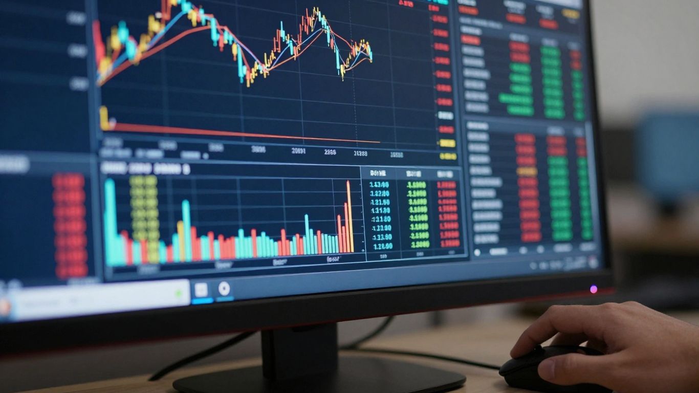 Trading platform interface with charts and data.