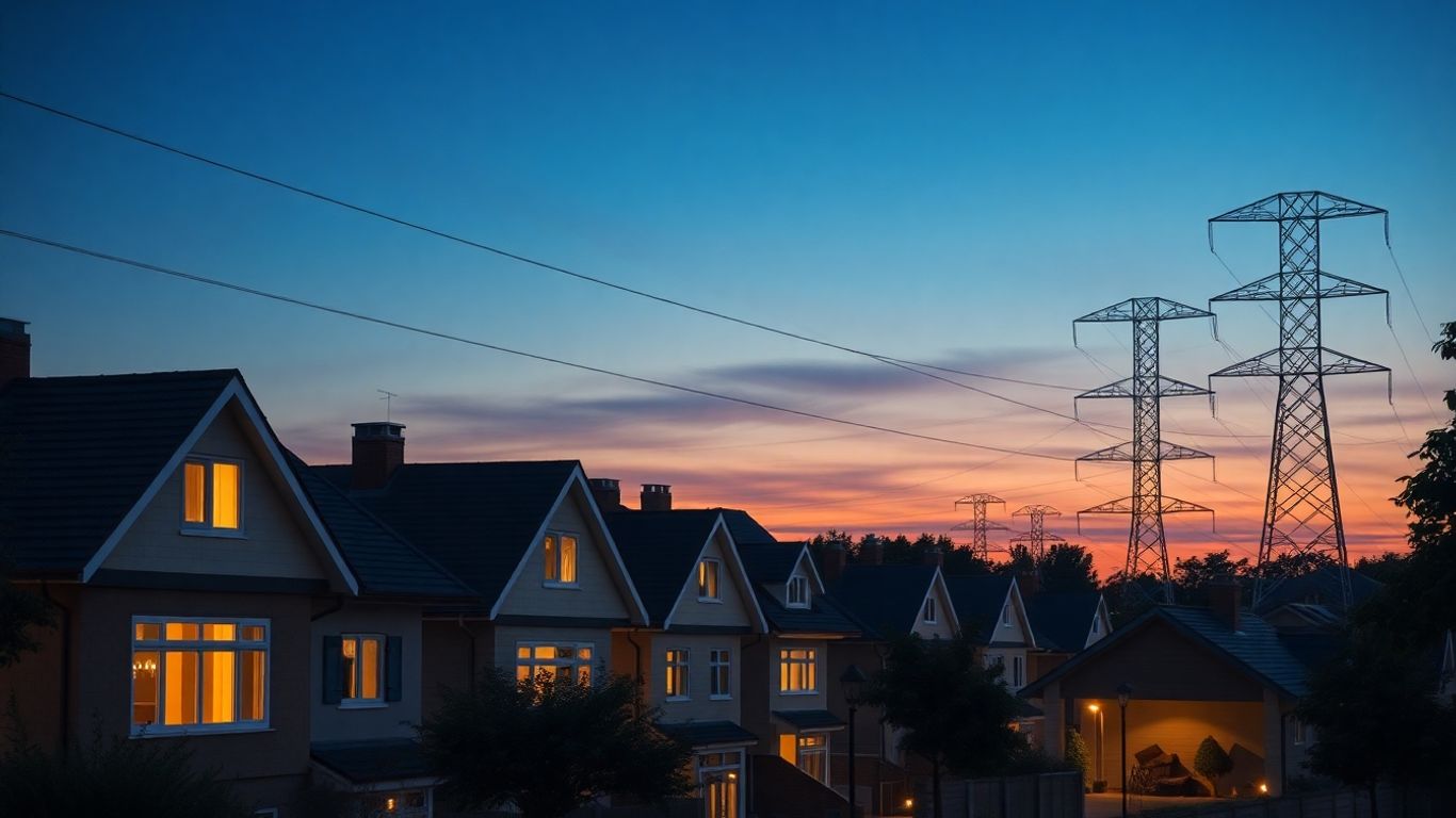 Maisons éclairées sous lignes électriques en été 2023
