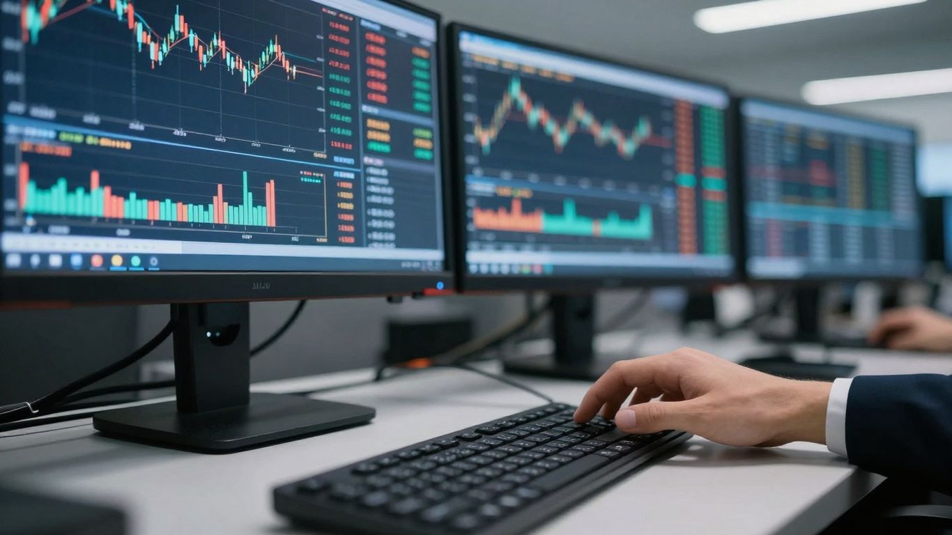 Interactive Brokers trading desk with monitors and keyboard.