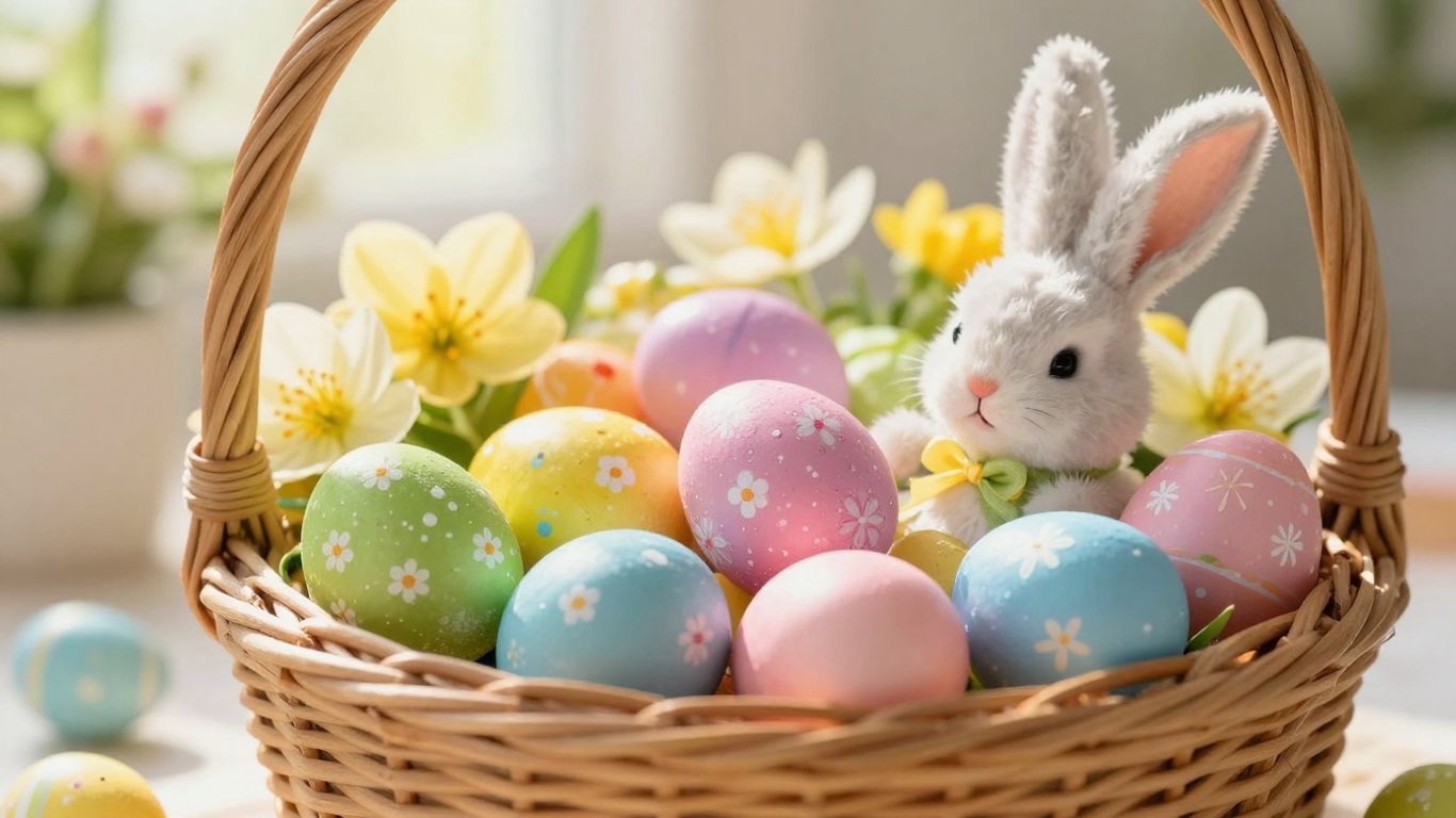 Easter basket full of chocolate eggs and flowers.