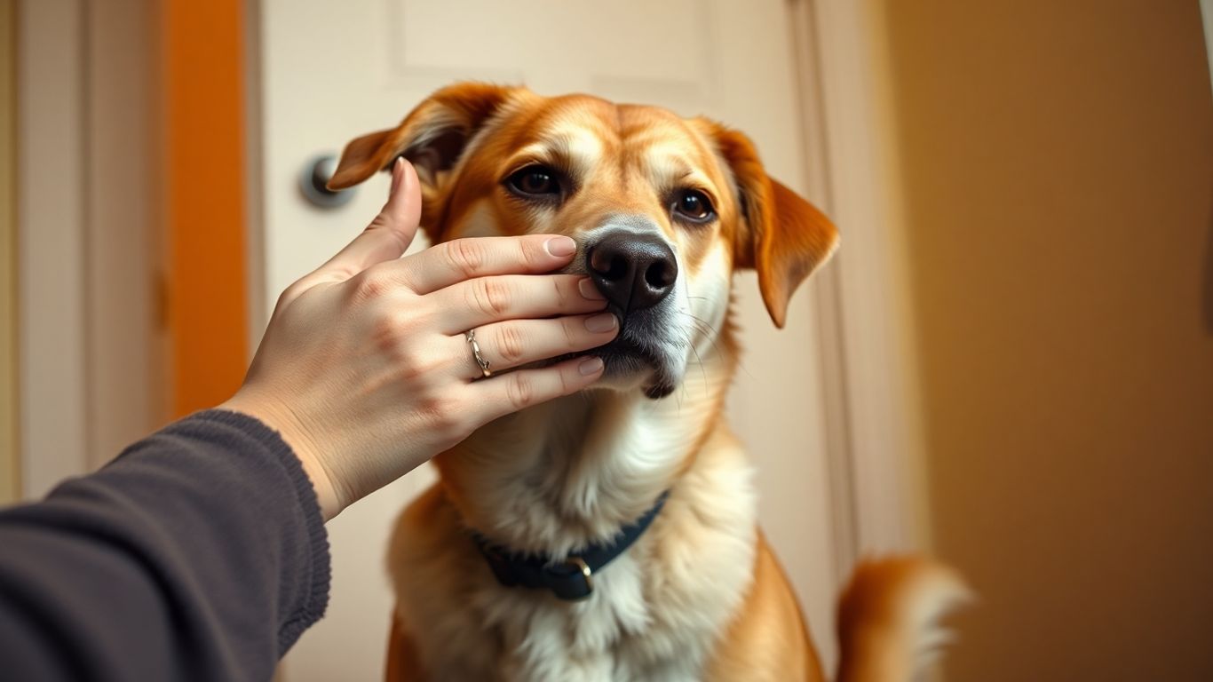 Calm dog near apartment door, muzzle gently held.