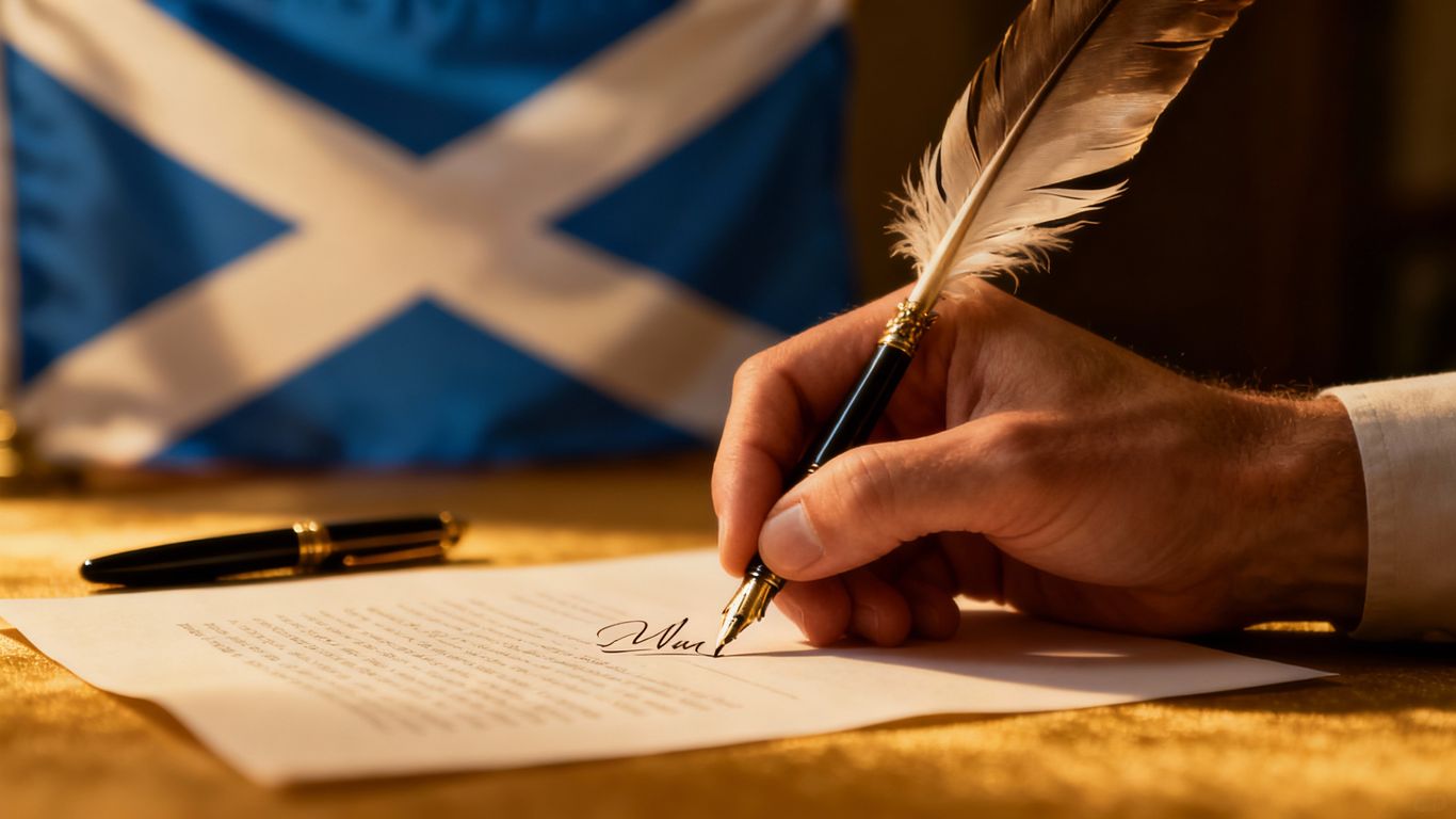 Hand signing a will document with Scottish flag background.