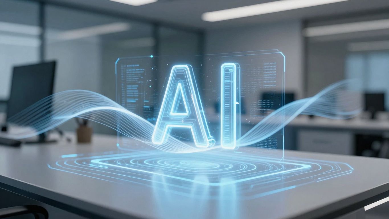 Abstract AI interface with glowing blue and white light.