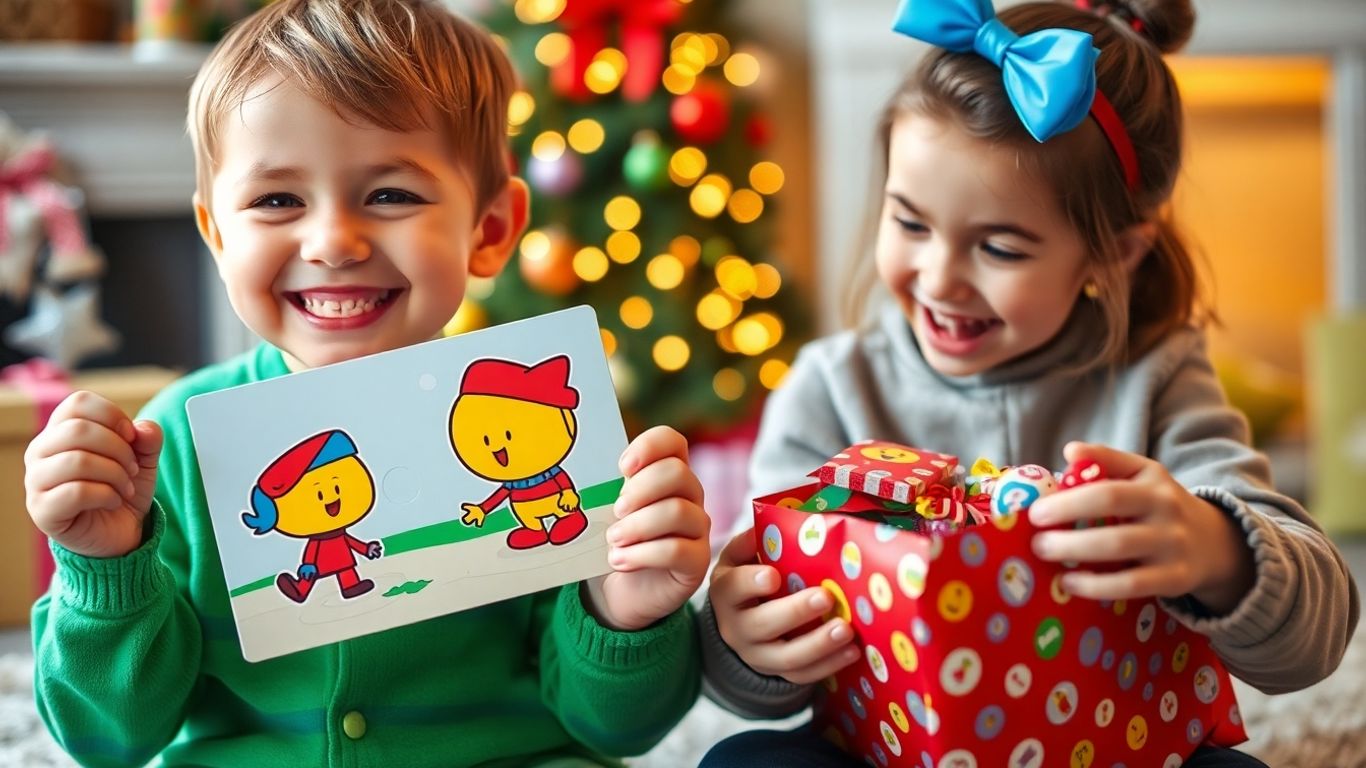 Children happily playing with personalized Christmas gifts.