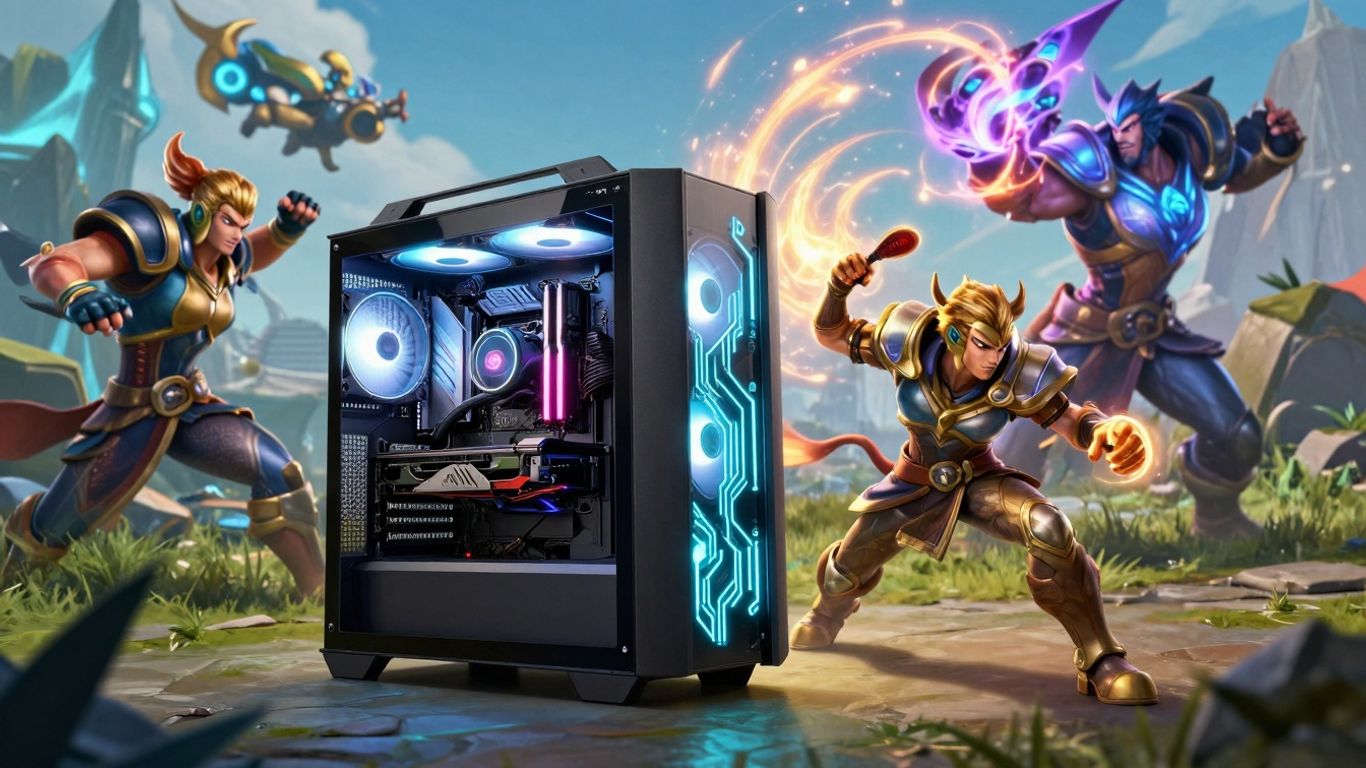 League of Legends PC setup with glowing effects.