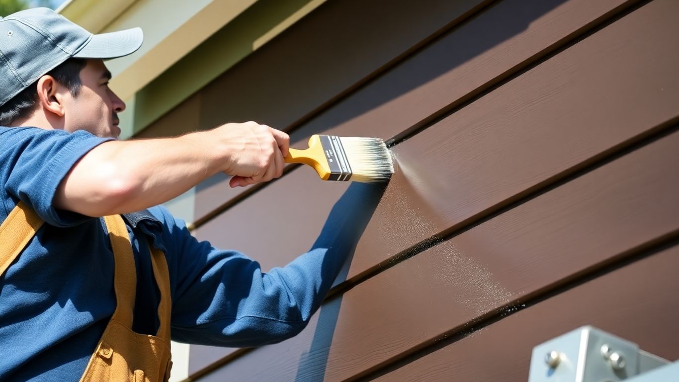 Painter applying protective coating to home exterior.
