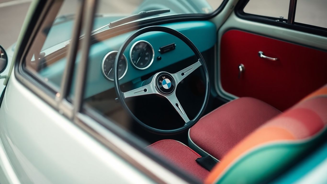 Rare BMW Isetta interior with vintage steering wheel and seats.