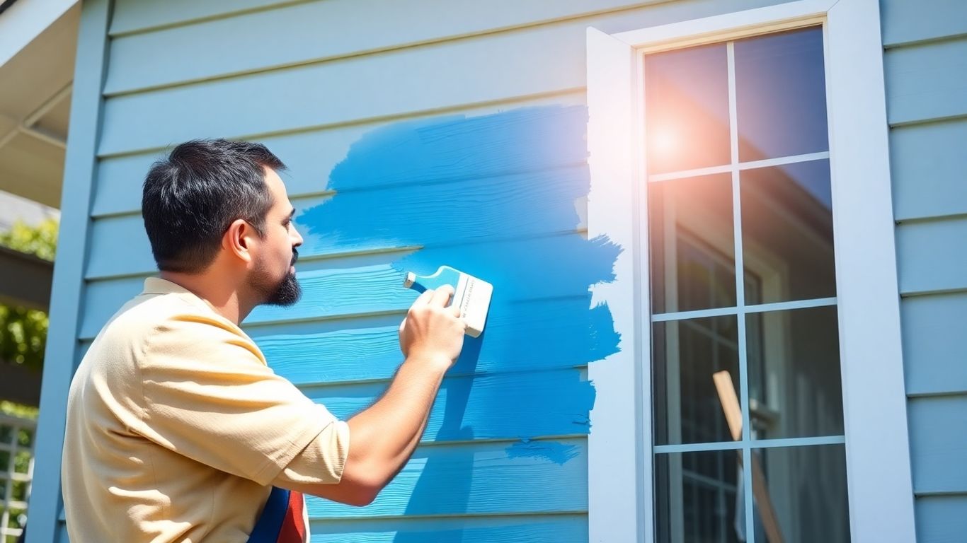 Painter applying exterior house paint with a brush.