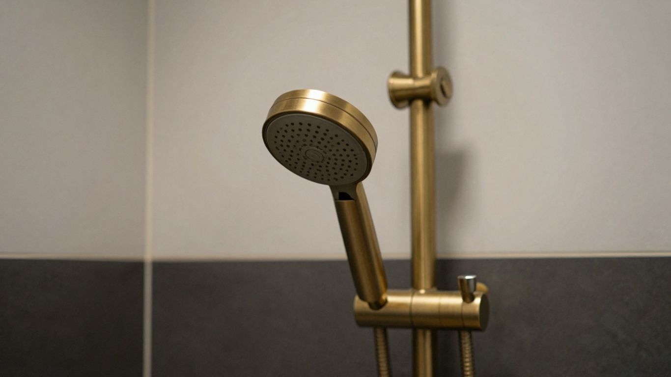 Brushed brass shower set in a modern bathroom.