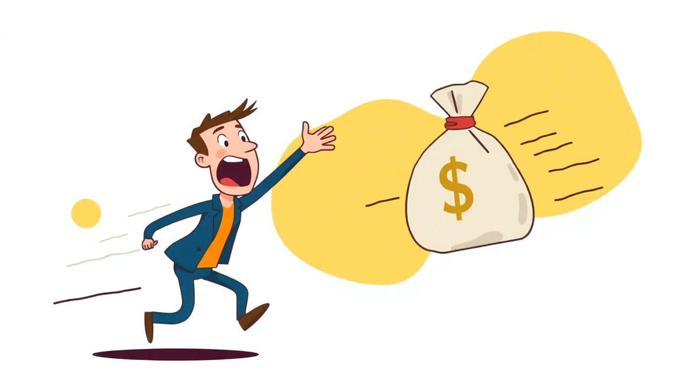 Cartoon money bag speeding towards a person.