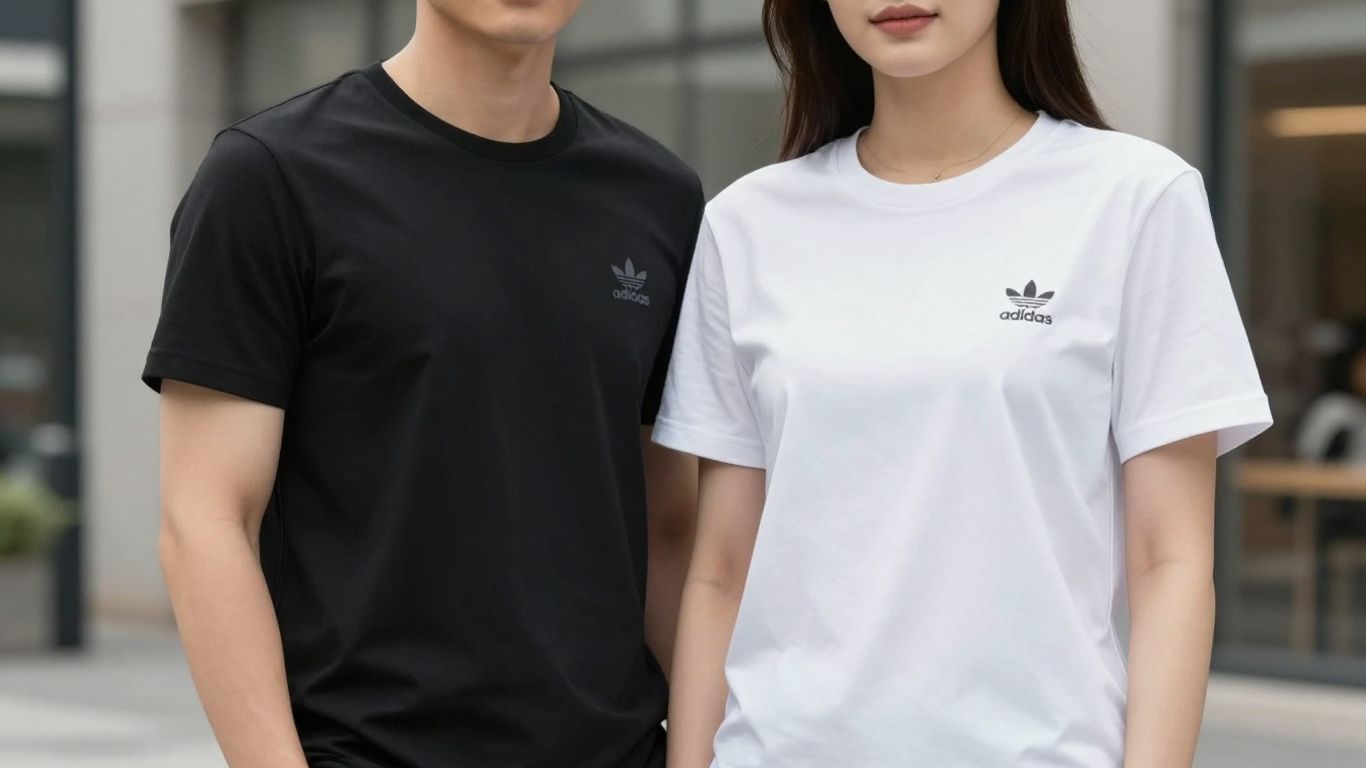 Cuplu purtând tricouri Adidas asortate