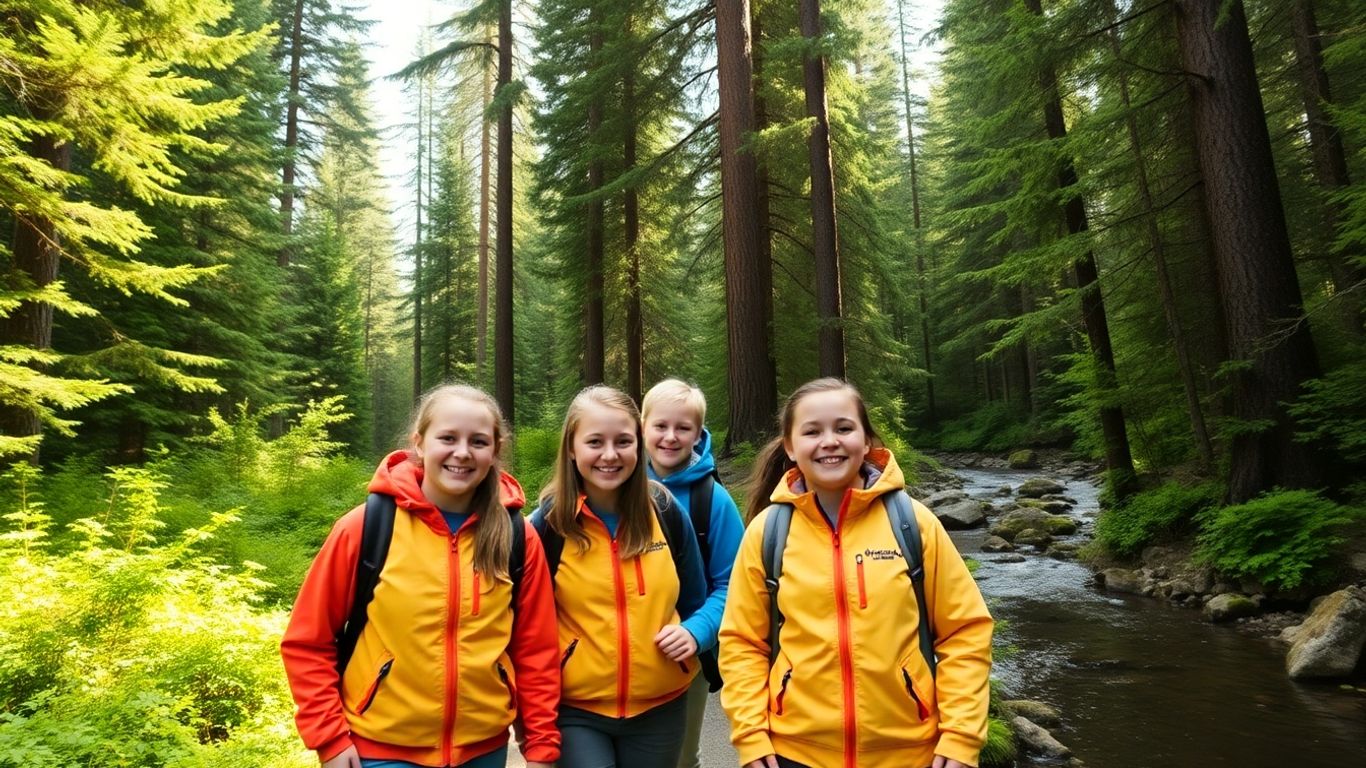 Schüler wandern in einem kanadischen Wald mit Bäumen und Bach.