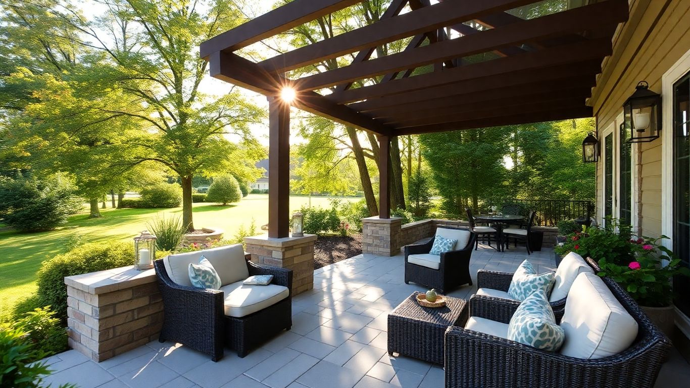 A welcoming patio area with seating and plants.