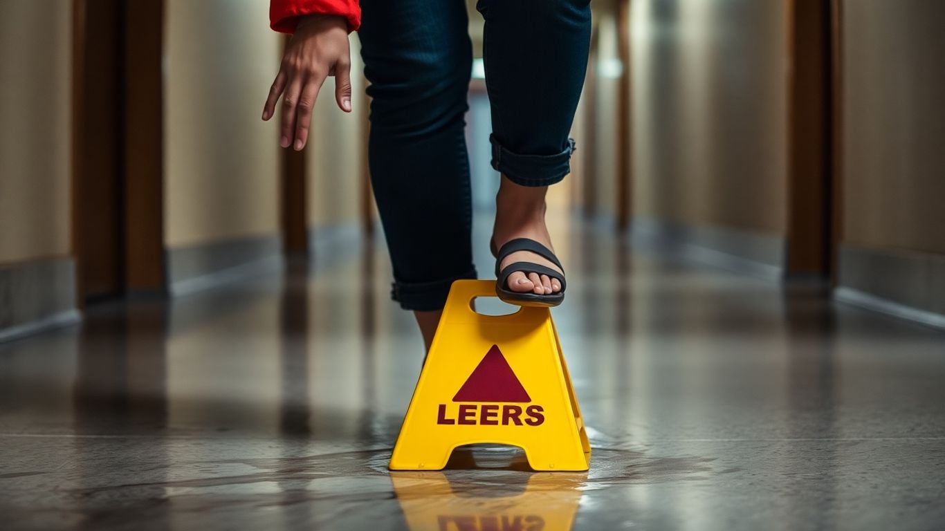 Person cautiously walking on a wet floor.