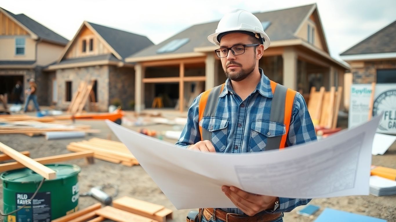 Contractor reviewing blueprints at a construction site.