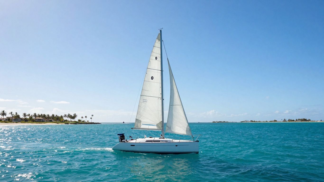 Sailboat navigating clear blue waters near Florida Keys islands.