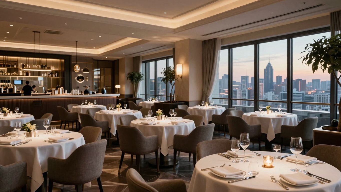 Elegant restaurant interior with city view