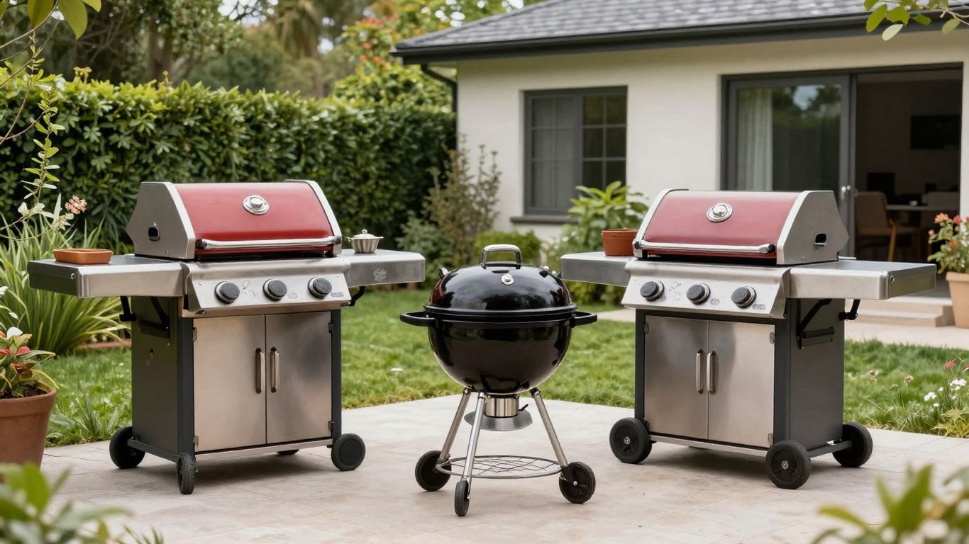 Various grills on a patio for Airbnb rentals.