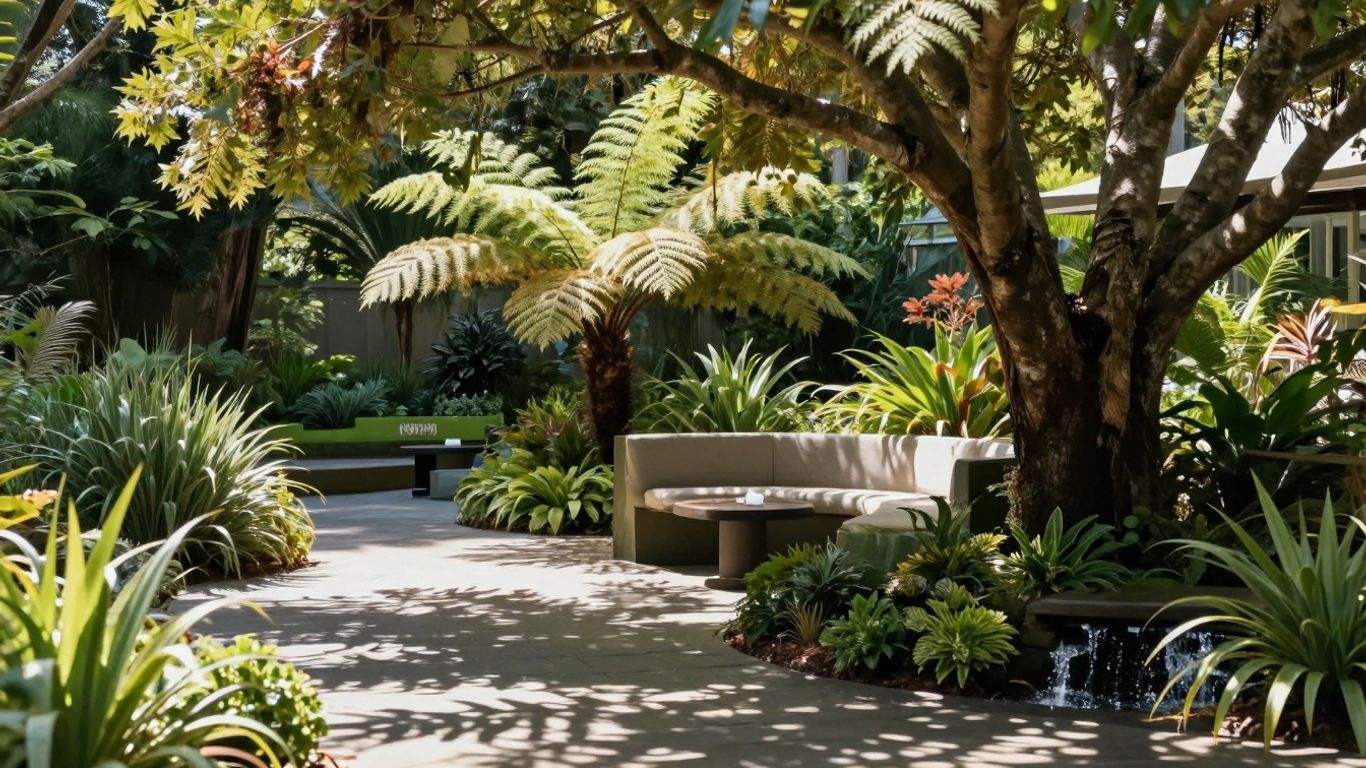 Shaded garden seating area with native New Zealand plants.