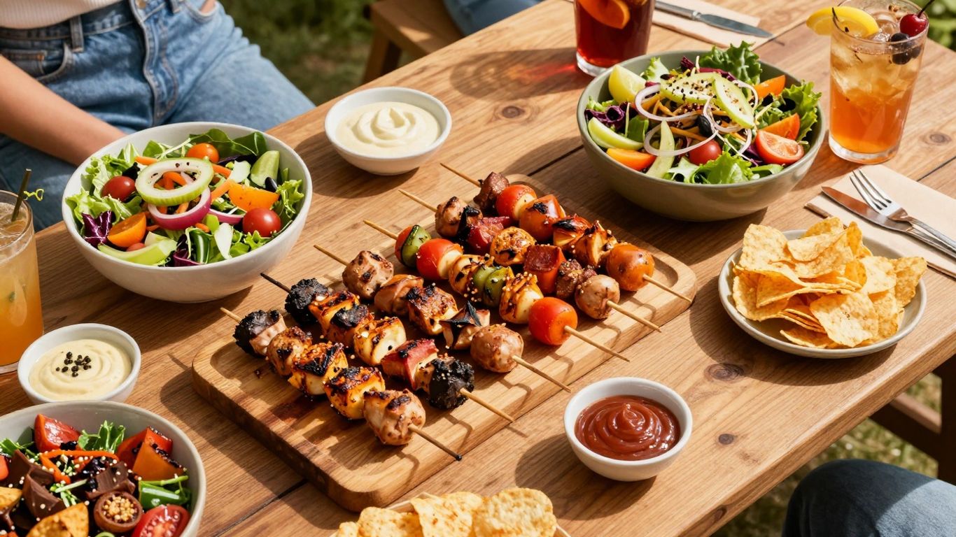 Summer BBQ party food spread with grilled skewers and salads.