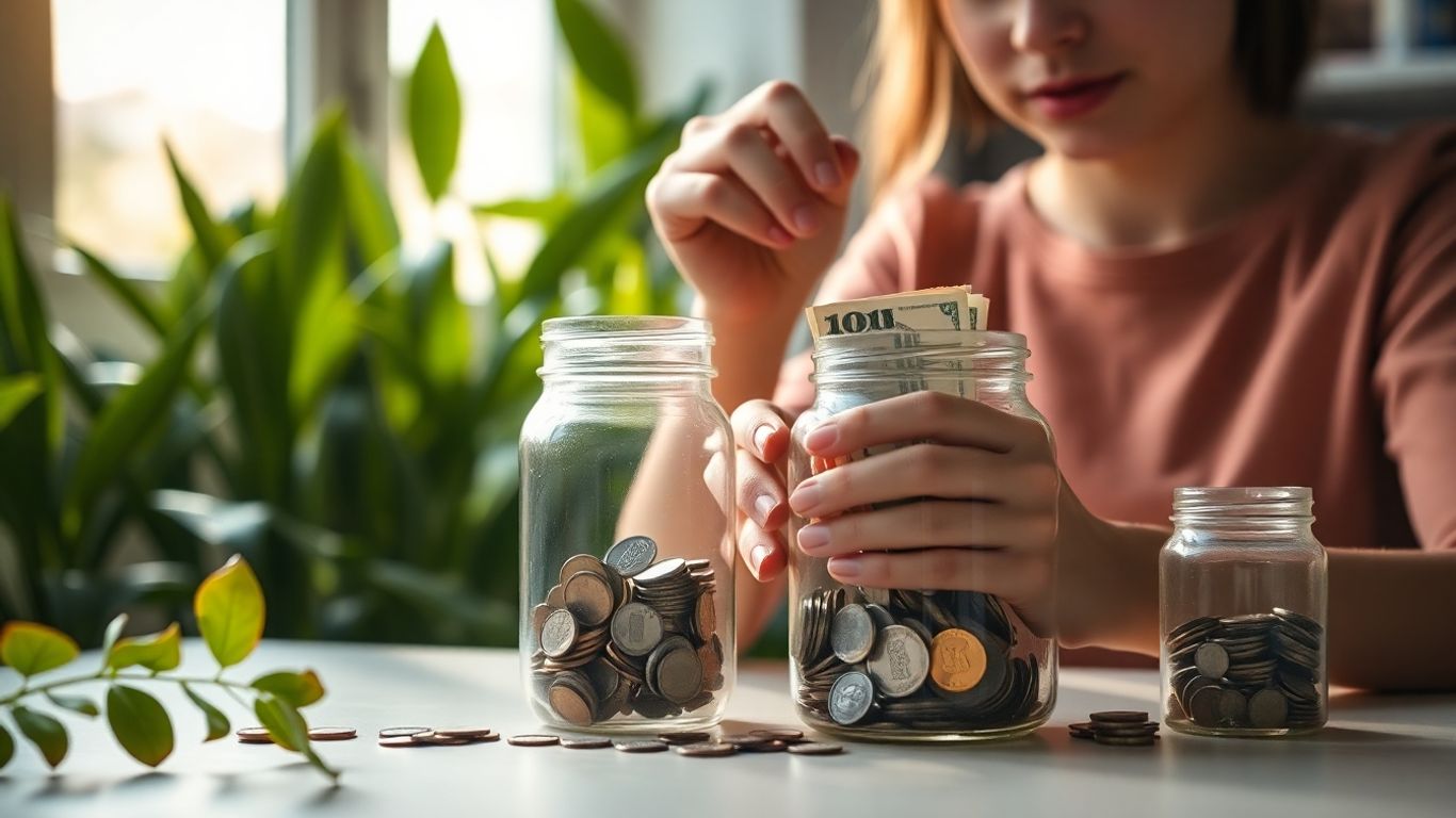 Person organizing money in clear jars with plants.