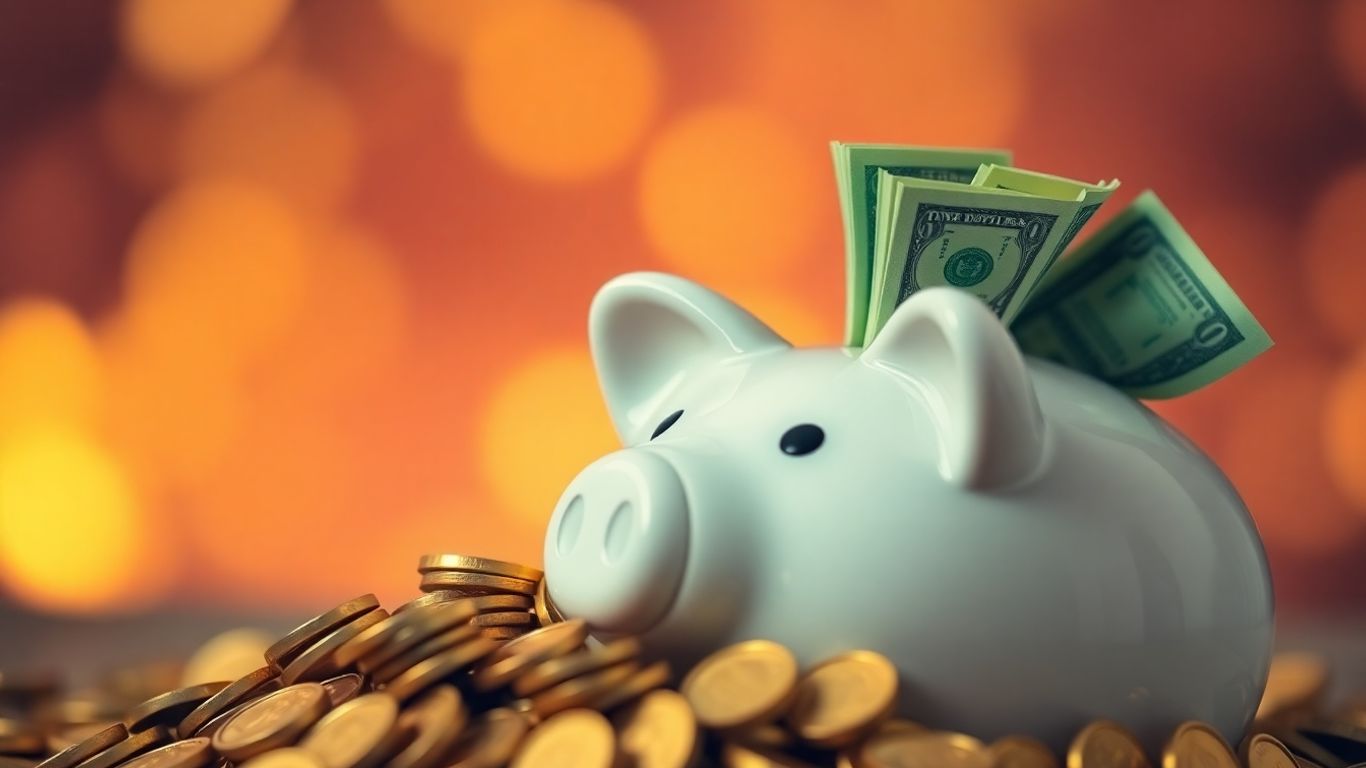 Piggy bank overflowing with gold coins and dollar bills.