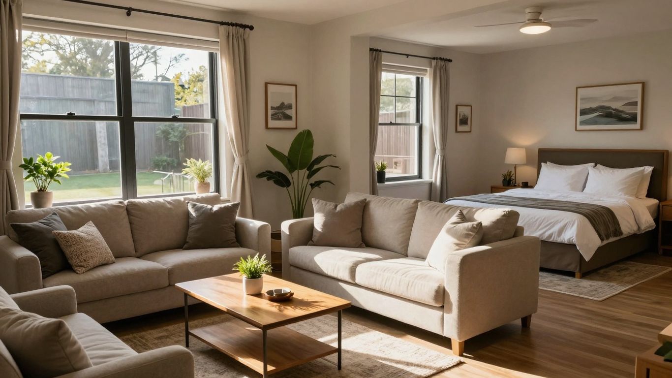 Furnished Airbnb living room with sunlight and a bed.