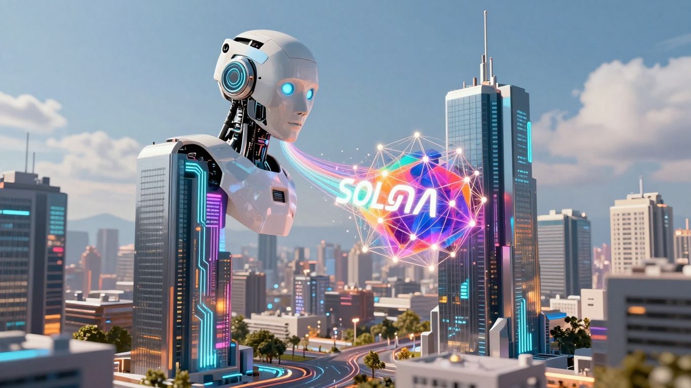 AI agents and Solana blockchain futuristic digital network.