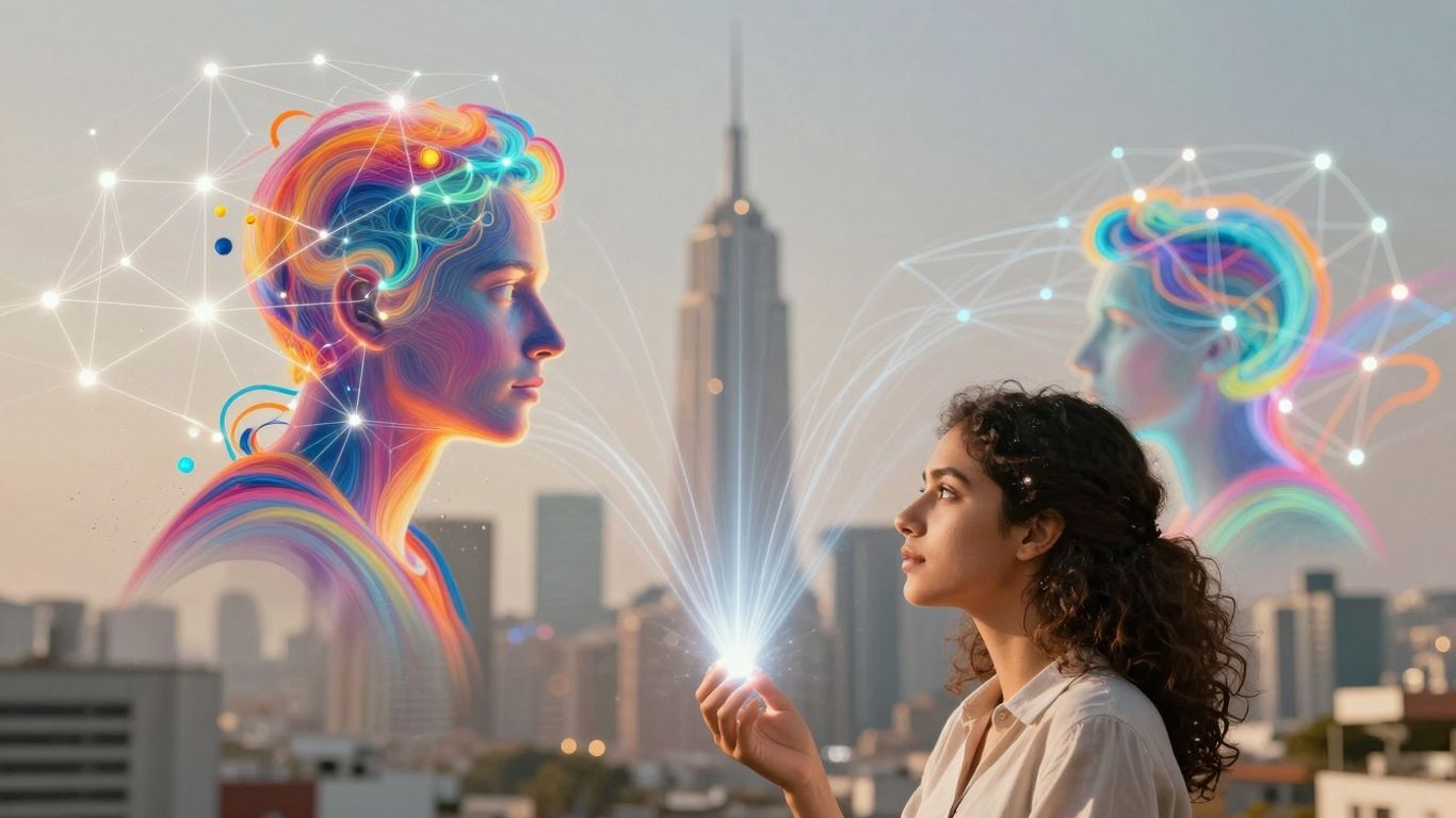 Futuristic cityscape with AI and creative expression elements.