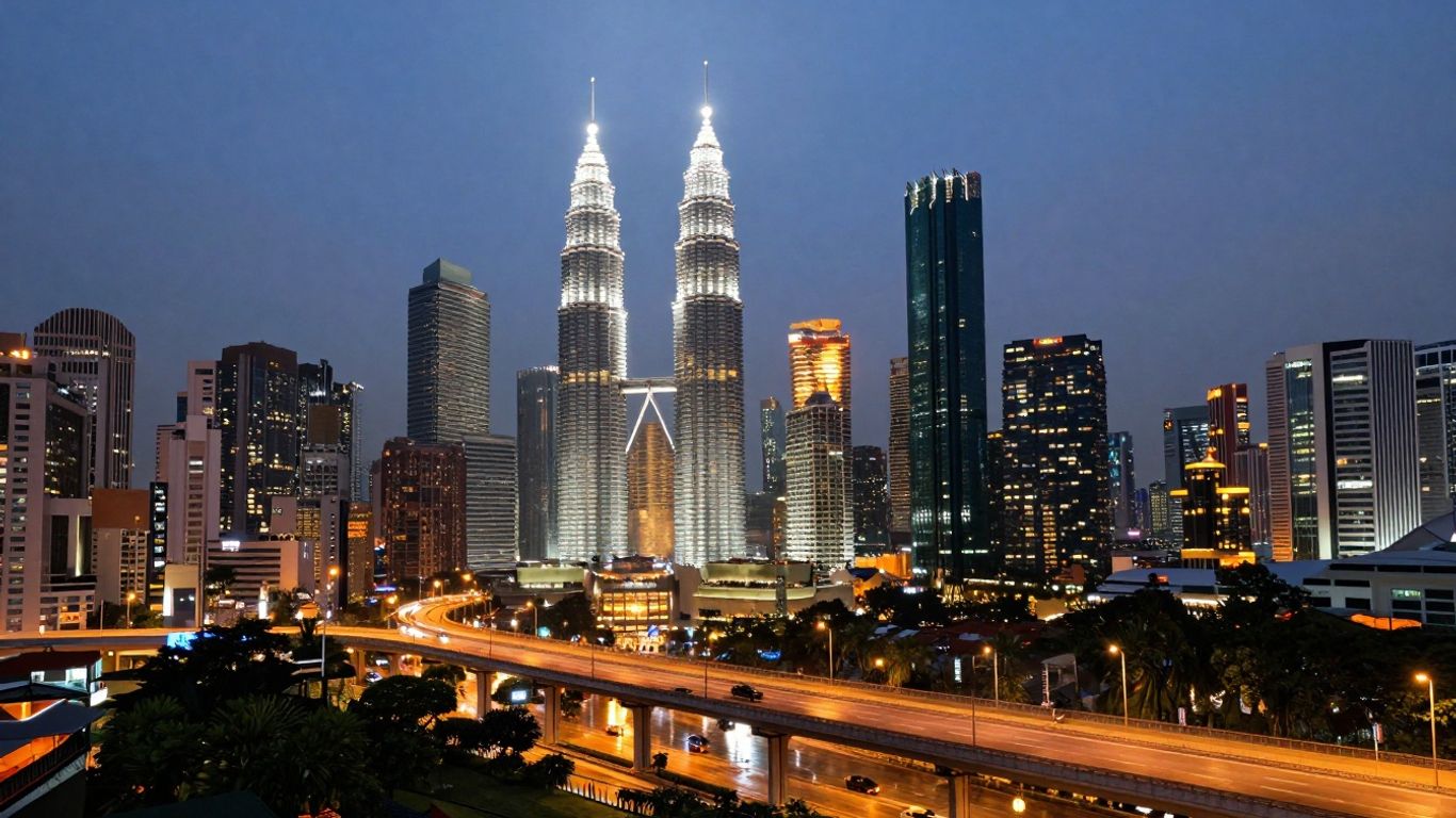 Kuala Lumpur skyline with highways and city lights.