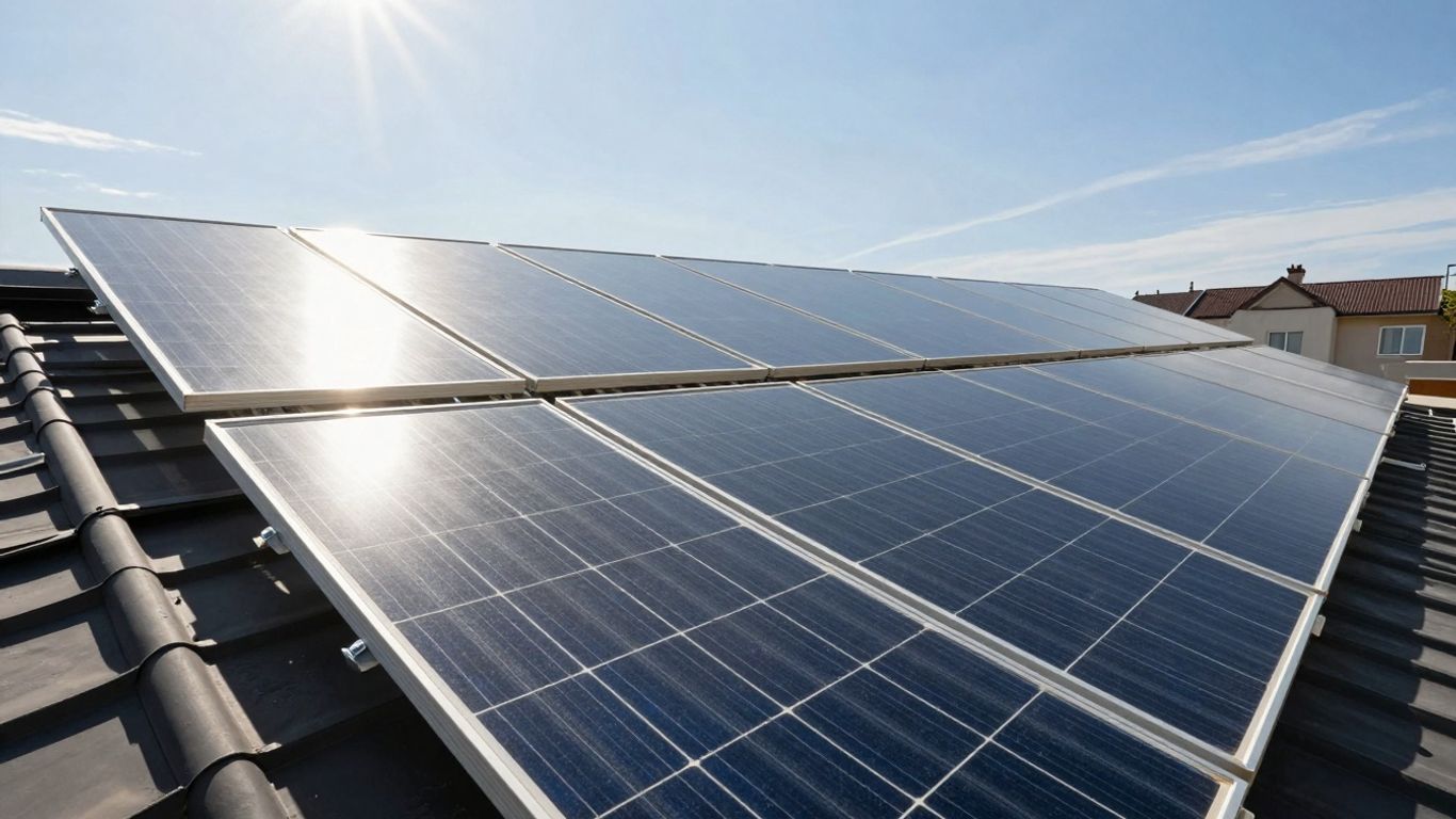 Solar panels on a sunny residential roof.