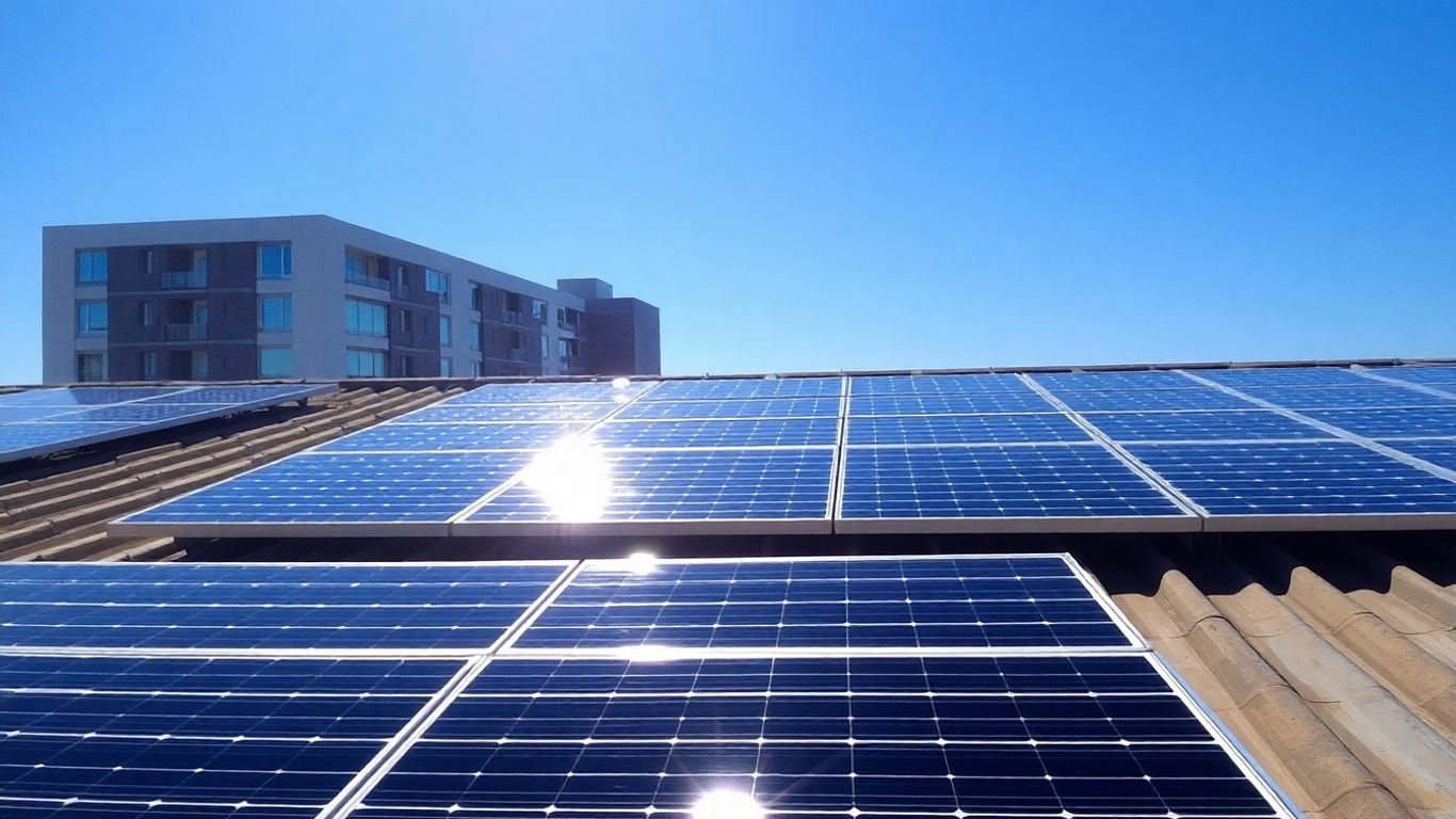Solar panels on a roof under a blue sky.