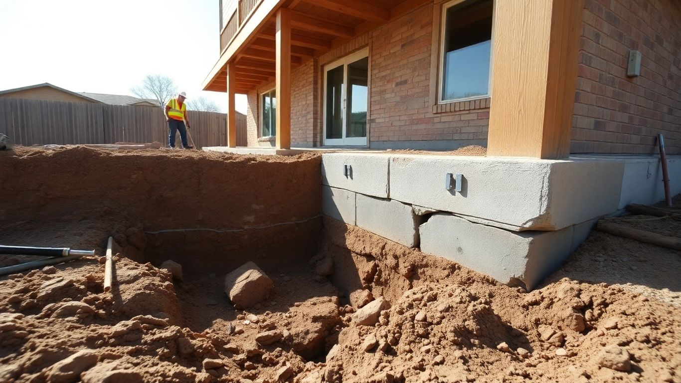 Texas home foundation repair with workers and cracked soil