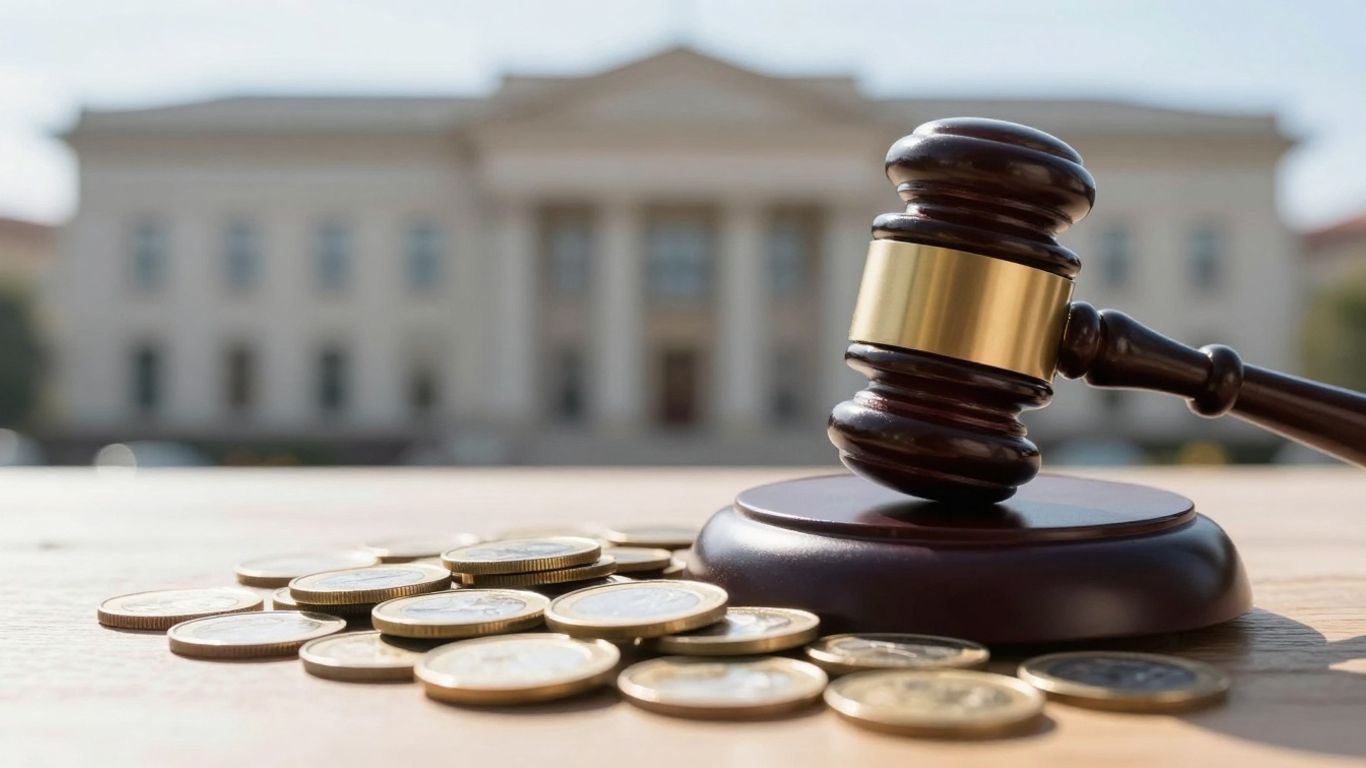 Gavel on digital coins, government building background.