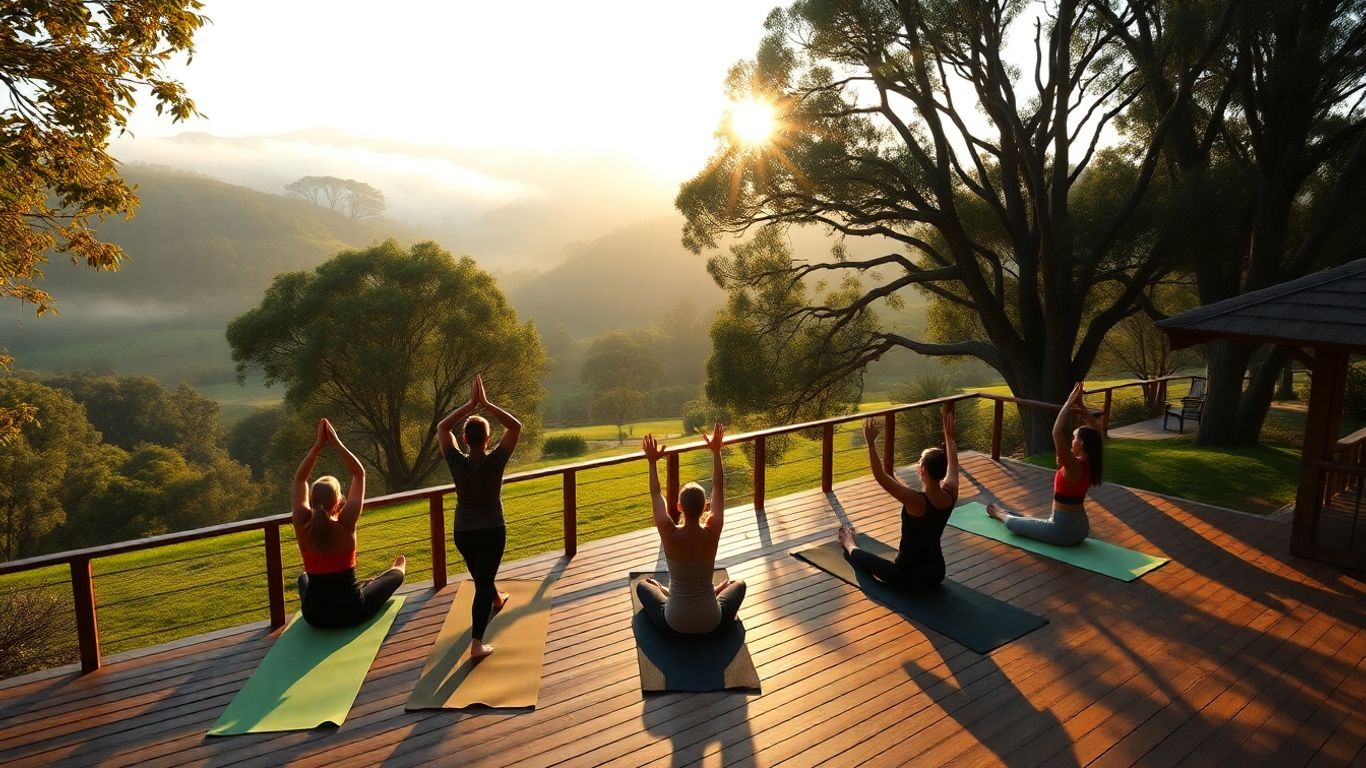 Yoga at sunrise in lush Victorian retreat