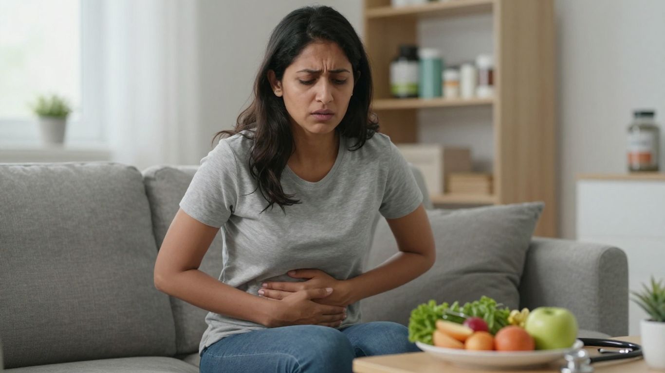Mulher preocupada sentada com comida saudável na mesa