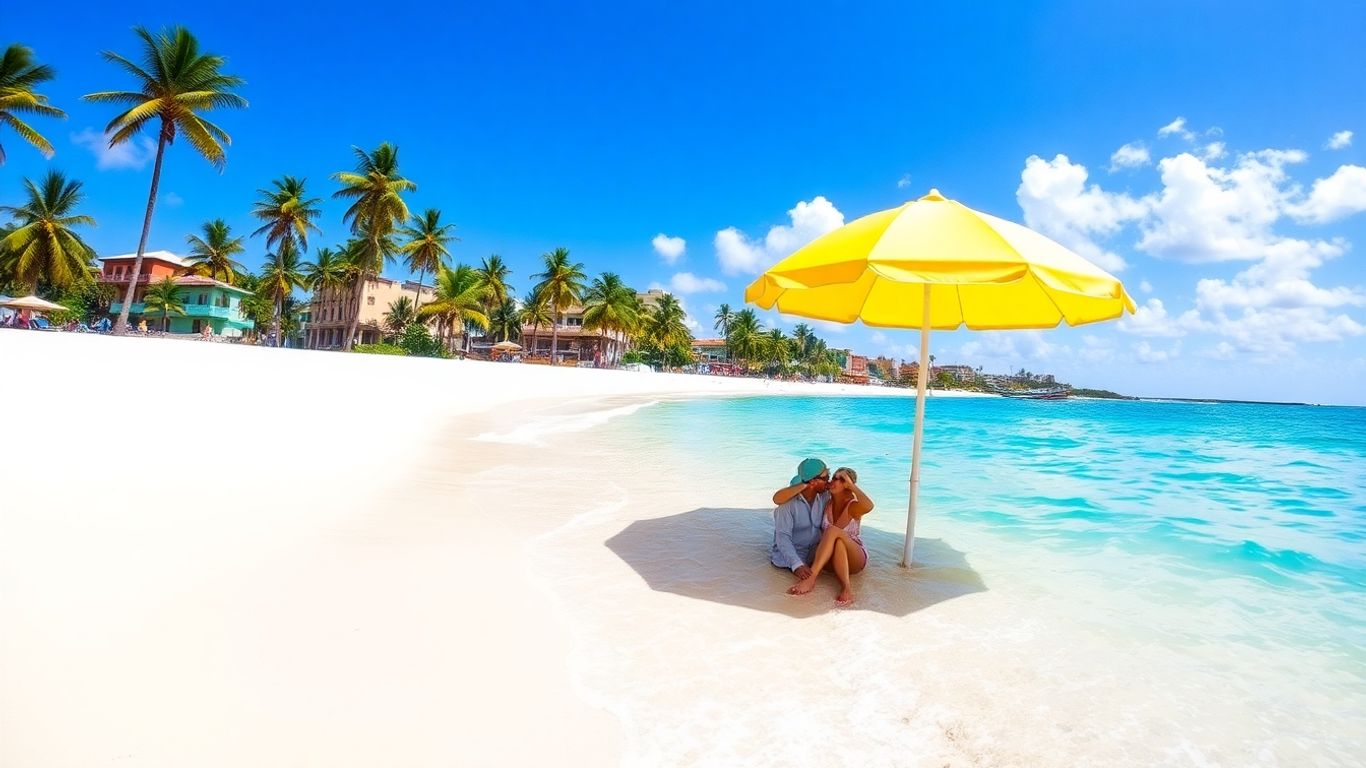 Couple relaxing on a Cuban beach with palm trees.