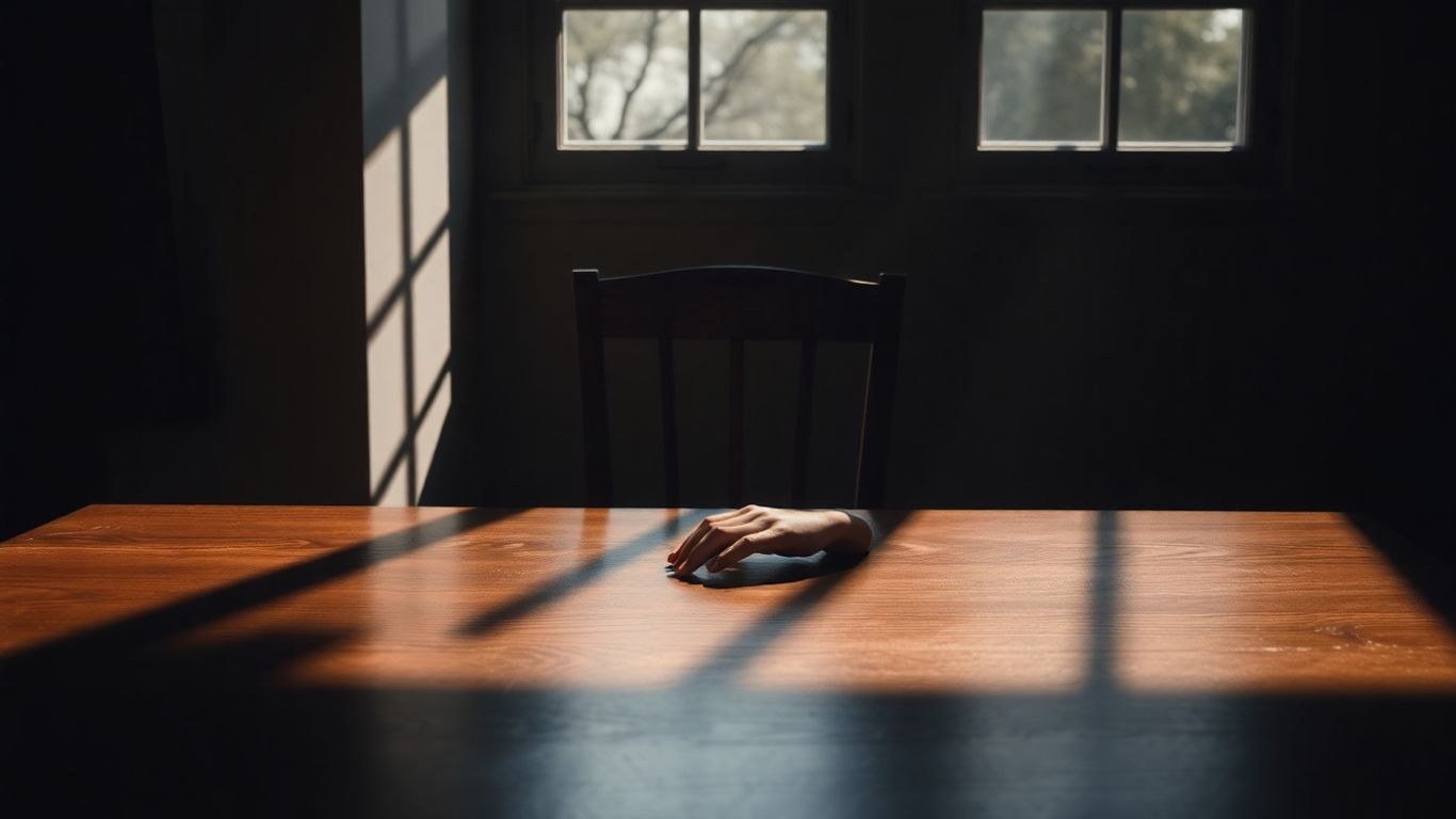 Empty chair at a table, symbolizing loss.