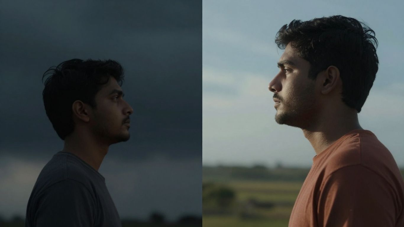 Split image: stormy sky versus sunny landscape.