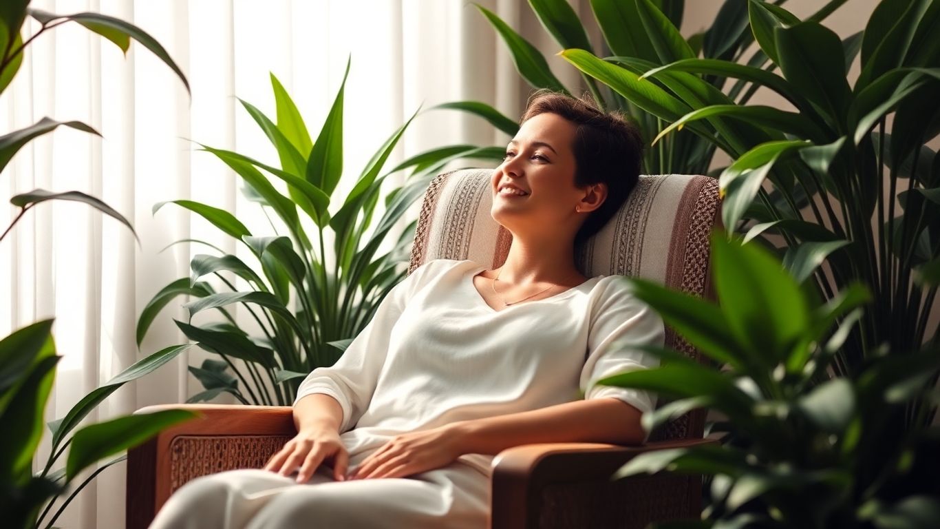 Spa owner relaxing, achieving work-life balance.