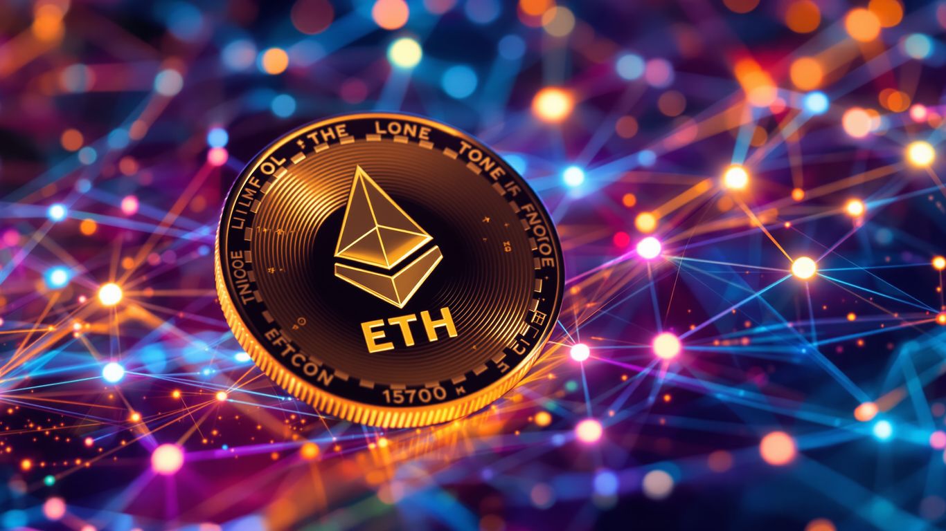 Digital coin with ETH symbol on glowing network