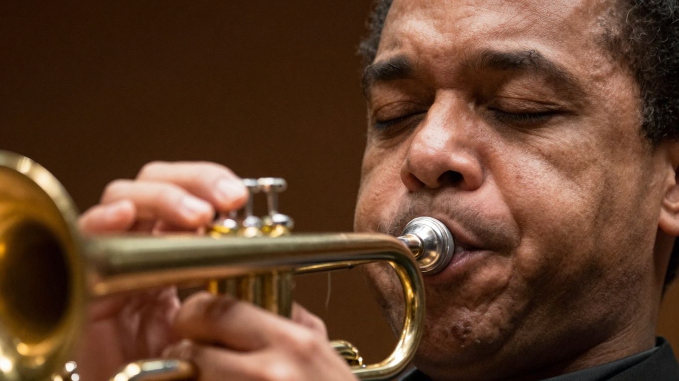 Blechbläser spielt mit geschlossenen Augen und konzentriertem Gesichtsausdruck.
