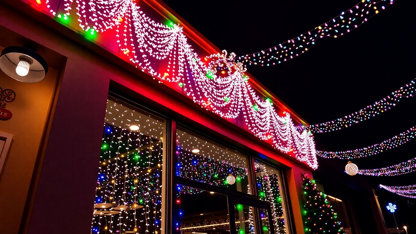Commercial building decorated with bright Christmas lights.
